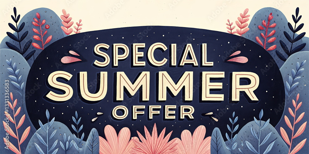 Naklejka premium Special Summer Offer - Vibrant Illustration with Floral Elements and Colorful Background