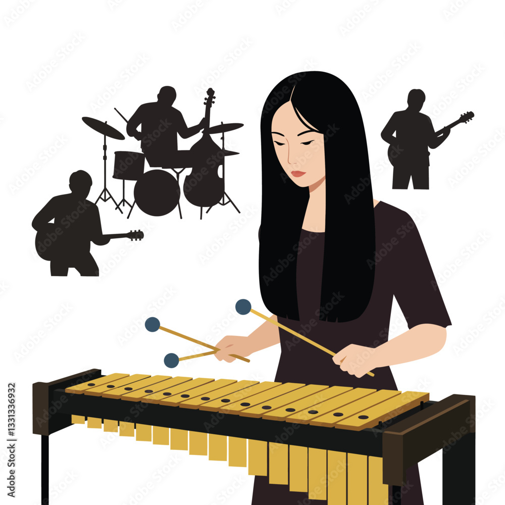 Female musician playing xylophone in minimal style with band performing in background vector illustration