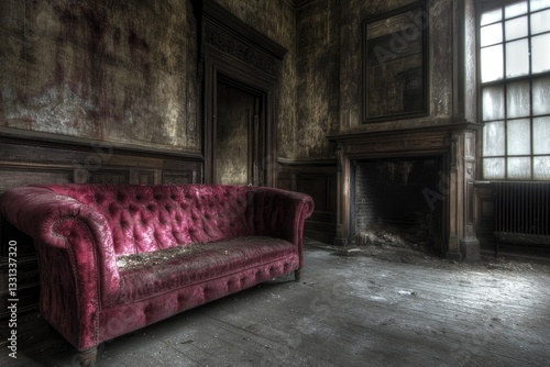 Echoes of Elegance A Crimson Couch in an Abandoned Manor's Decaying Drawing Room