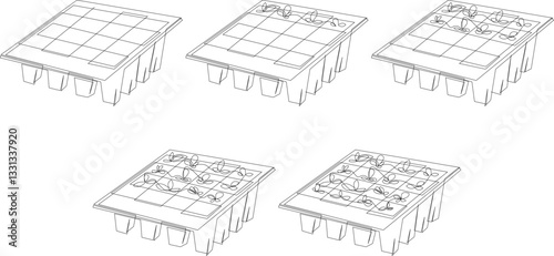 Seedlings growing in peat pots cassette continuous line drawing. Gardening season concept. Vector illustration set from empty to full.