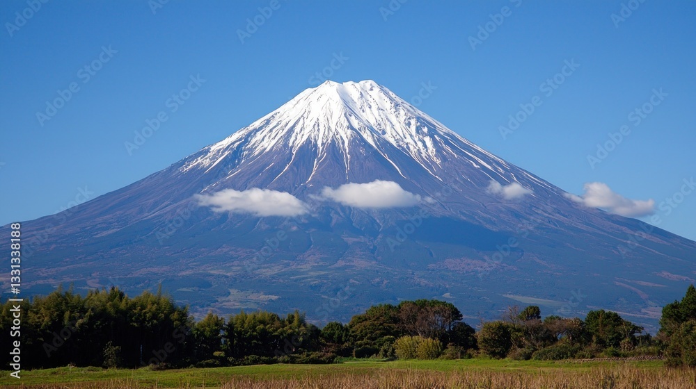 Majestic Mount Fuji: A breathtaking view of Japan's iconic volcano, snow-capped peak against a clear blue sky, surrounded by serene landscape Majestic Mount Fuji: A breathtaking view of Japan's iconic volcano, snow-capped peak against a clear blue sky, surrounded by serene landscape
