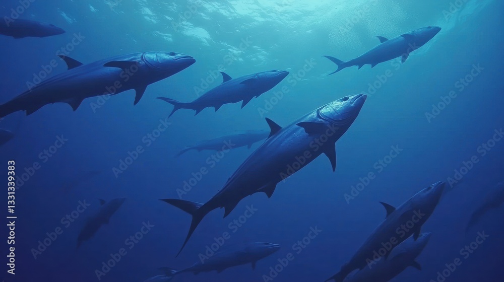 Fototapeta premium Underwater School of Sharks Swimming in Deep Blue Ocean