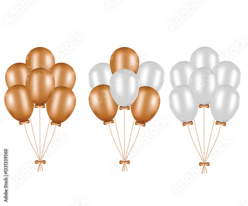 Elegant balloon arrangements in gold and white, tied with ribbons, perfect for celebrations, events, or festive decorations.