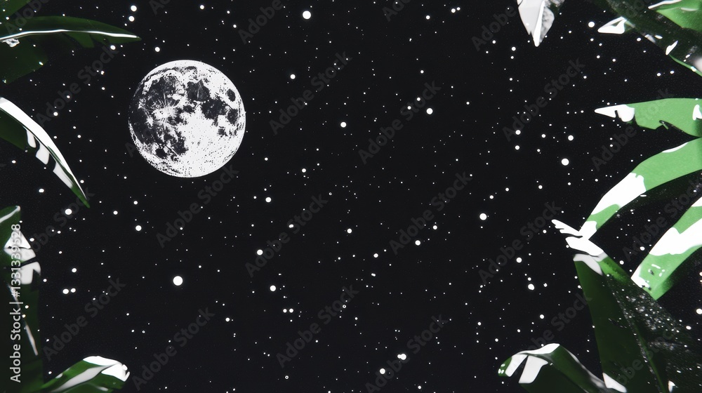 Naklejka premium Dark Tropical Night Scene with Full Moon and Stars Pixel Art