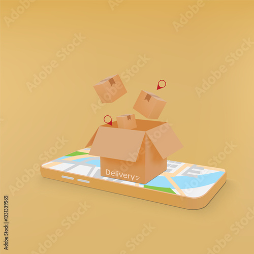 An illustration of online shopping features a smartphone as a storefront, a map with a delivery route, shopping bags, and packages, symbolizing e-commerce and logistics.