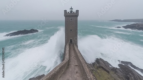 Stone Coastal Tower Bathed in Grey Light Amidst Powerful Ocean Waves