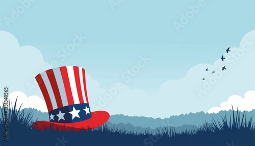 Patriotic Uncle Sam hat resting in grassy field, independence spirit