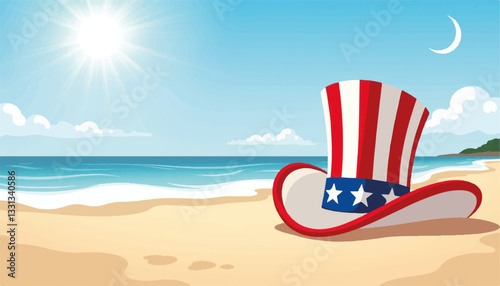 Uncle Sam hat on sandy beach with ocean waves, summer celebration
