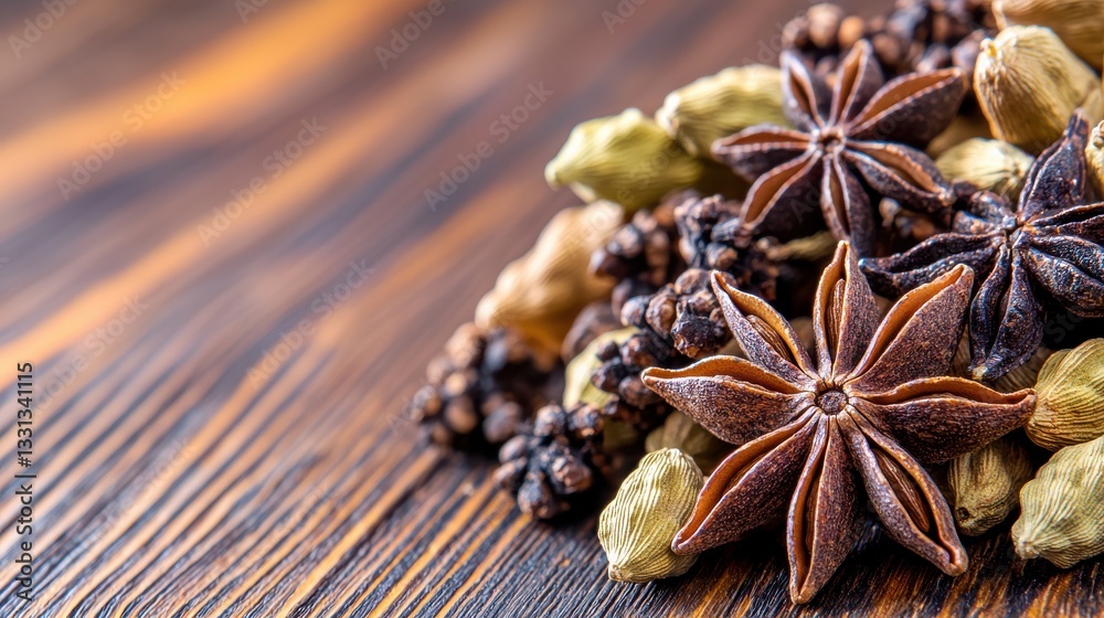 Assorted Spices on Wooden Table for Culinary Use and Decoration Assorted Spices on Wooden Table for Culinary Use and Decoration