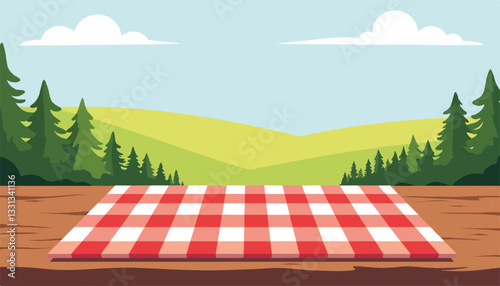 Vibrant picnic blanket on wooden table, outdoor relaxation concept