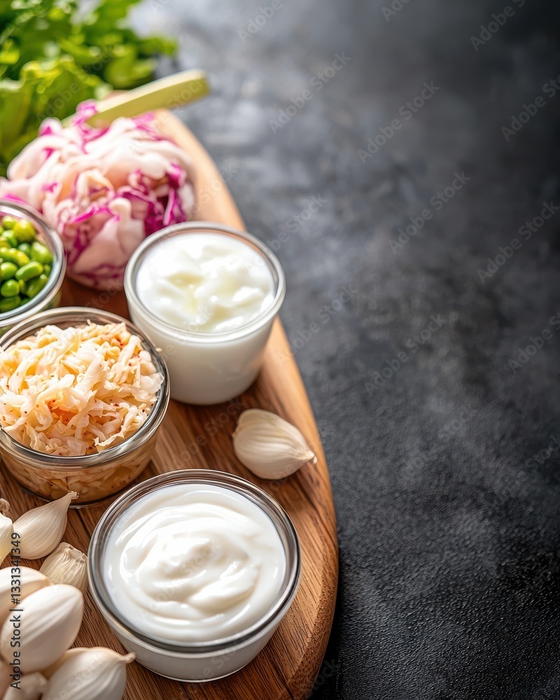 Fresh Vegetables and Sauces on Wooden Board with Dark Background Fresh Vegetables and Sauces on Wooden Board with Dark Background