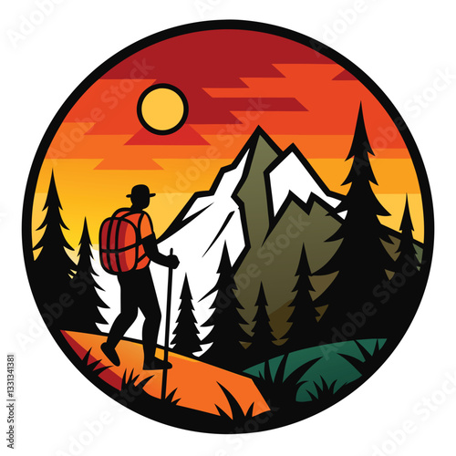 Vector of a hiker against the sunset