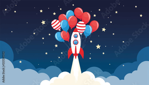 Rocket launching with patriotic balloons into starry night sky, celebration