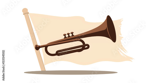 Traditional military trumpet with flag illustration, ceremonial tribute