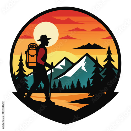 Vector of a hiker against the sunset