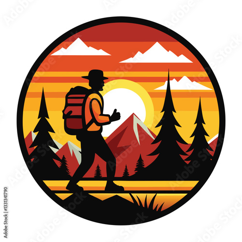 Vector of a hiker against the sunset