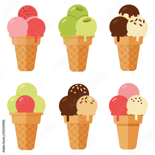 Ice cream cones with various flavors in flat design vector illustration