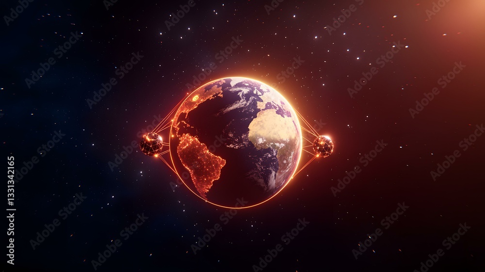 Obraz premium A digitally enhanced image shows planet Earth glowing with orange light, encircled by a radiant halo and connected to two glowing geometric satellites in space.