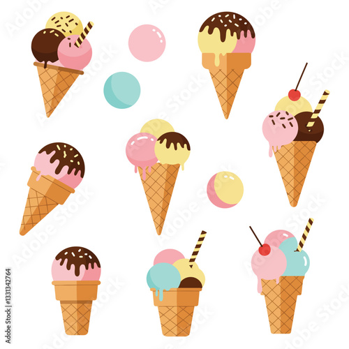 Ice cream cones in various flavors and colors in flat vector art