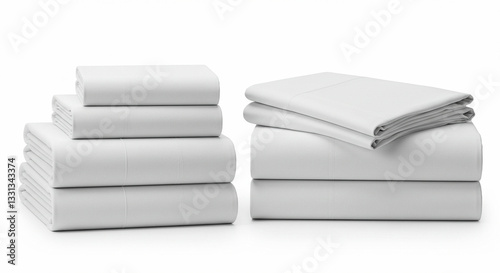 Juego de sábanas dobladas prolijamente en dos pilas, aisladas sobre un fondo blanco. Diseño limpio y organizado que resalta la textura y calidad del material