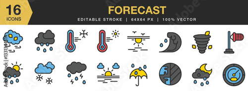 Forecast flat color icon set. Includes barometer, cold, moon, rainy, strom, umbrella, and More. Flat color icons vector collection.