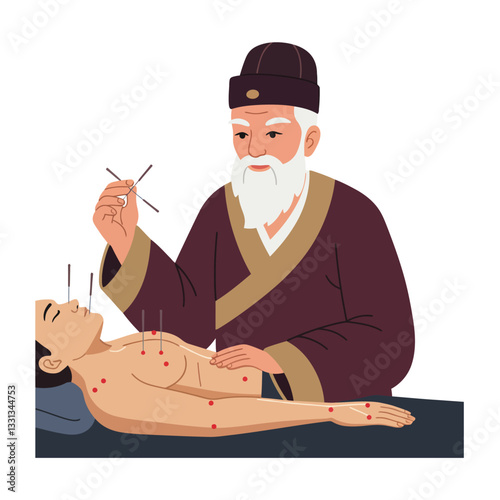 Traditional acupuncture session with practitioner applying needles in flat vector illustration