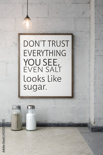Don't trust everything you see, even salt looks like sugar, A framed quote, hangs on a textured wall above jars of salt and sugar.