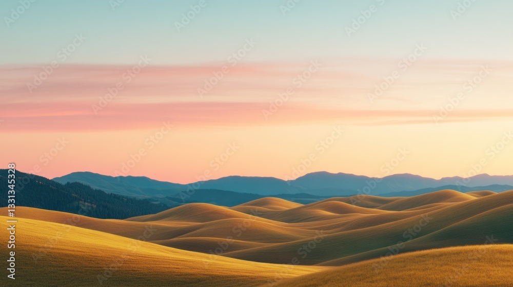 Serene Landscape at Dusk with Rolling Hills and Gentle Colorful Sky Serene Landscape at Dusk with Rolling Hills and Gentle Colorful Sky