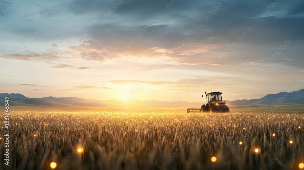 Fototapeta premium Tractor in Sunrise Over Wheat Field with Glowing Light Effects