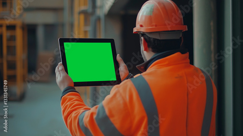 Construction Worker Using Tablet with Green Screen  Industrial Site