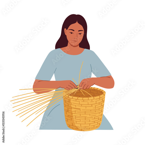 Woman skillfully weaving a basket in flat design vector art