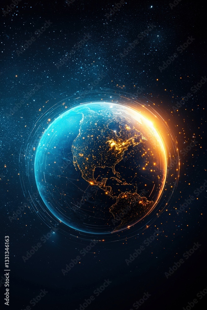 Obraz premium Vibrant Earth Globe Surrounded by Stars in Dark Cosmic Background