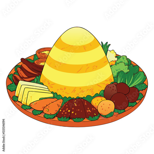 Tumpeng Indonesian Conical Rice Dish with Accompaniments
