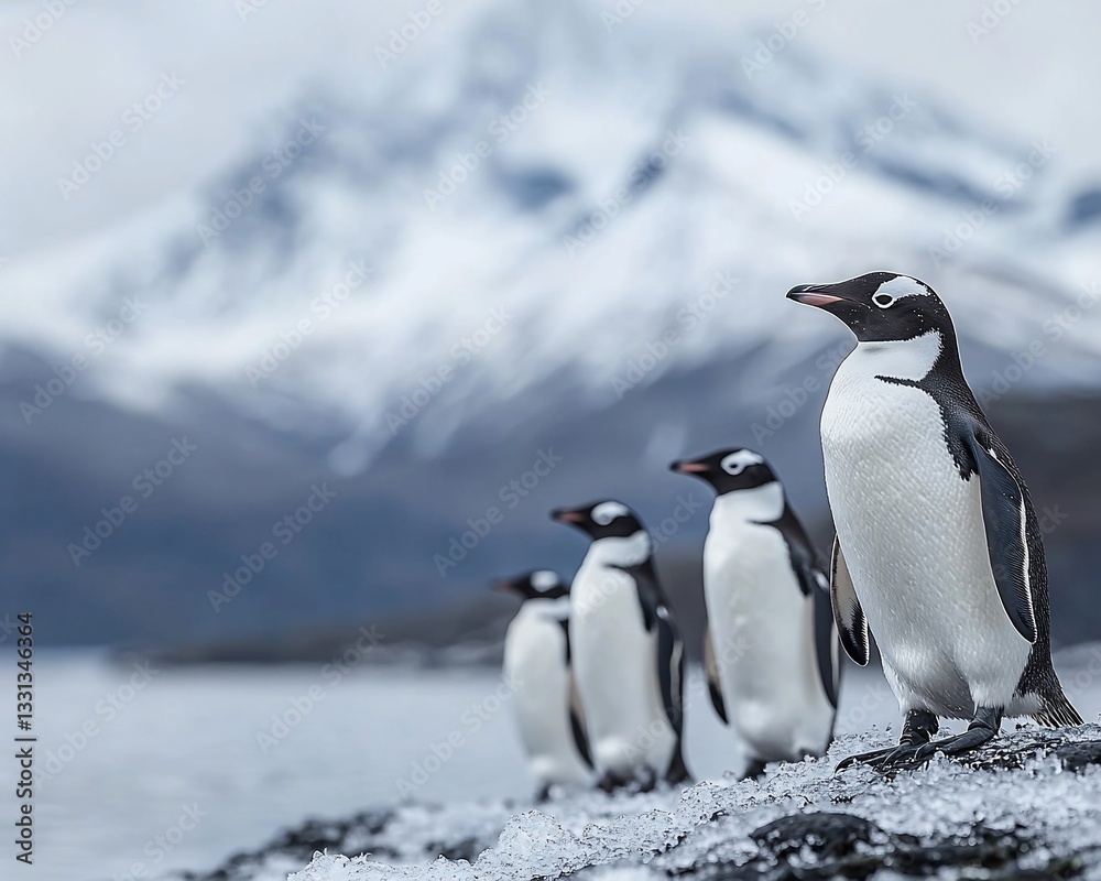 Naklejka premium Four Chinstrap penguins standing on a rocky shore in Antarctica, with mountains in the background.