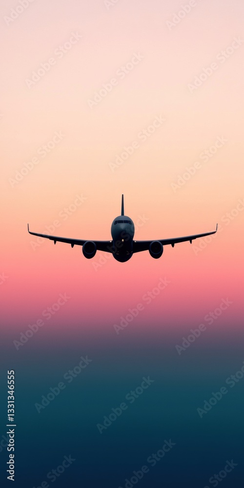 Fototapeta premium Airplane flying into a colorful sunset sky