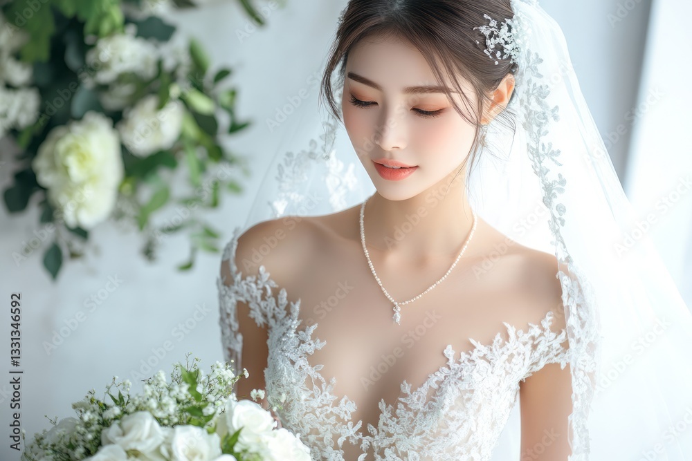 Naklejka premium Beautiful bride in a lace dress holding a white bouquet