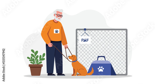 Elderly man walking dog in flat design vector art style with pet care elements and accessories vector illustration