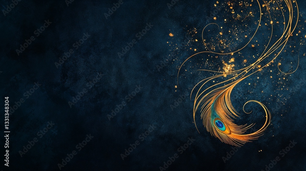 Obraz premium A fine golden swirl forming the shape of a peacock feather against a rich velvet horizontal background