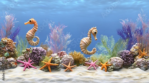 Fototapeta Naklejka Na Ścianę i Meble -  Two seahorses swim over coral reef in vibrant underwater scene, suitable for children's decor