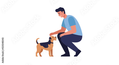 Person kneeling and petting a dog in flat and colorful vector illustration
