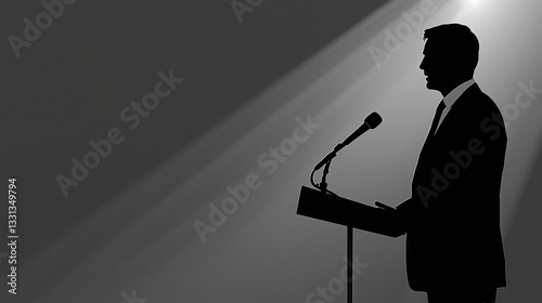 Silhouette of a man standing at a podium giving a speech