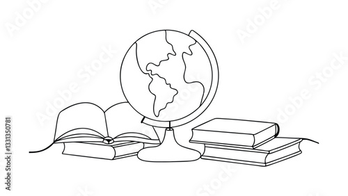 A simple line drawing depicts a globe, an open book, and a stack of books, symbolizing education, learning, and global knowledge. The style is minimalist and clean.