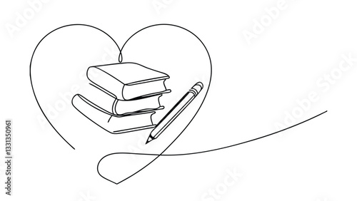A simple line drawing depicts a stack of books and a pencil enclosed within a heart shape, symbolizing the love of reading and learning.