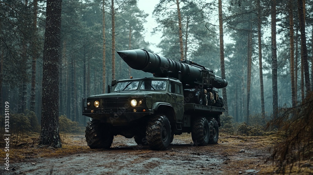 Fototapeta premium A military vehicle with a rocket launcher located in the forest symbolizes the wartime situation