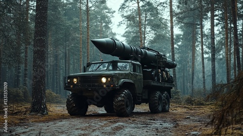 A military vehicle with a rocket launcher located in the forest symbolizes the wartime situation