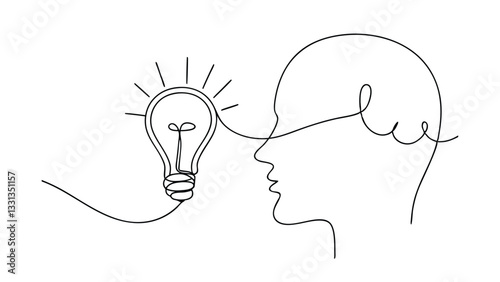 Singleline drawing of a light bulb and a persons head, symbolizing an idea, inspiration, or creative thought process. Minimalist and modern design.