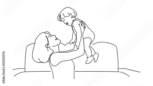 Line art drawing of a mother playfully lifting her toddler baby on a sofa. They share a happy moment, captured in simple black lines on white background.