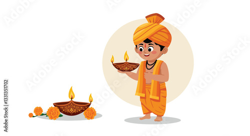 Young boy in orange attire holding diya with detailed vector art style and warm colors in vector illustration