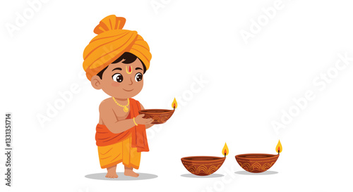 Young boy in traditional attire carrying oil lamps in flat vector art