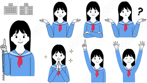 制服を着ている女の子の学生の表情セット
